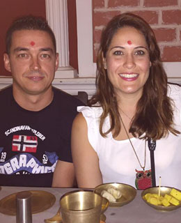 Angela and Jesus having breakfast in traditional Nepali diner