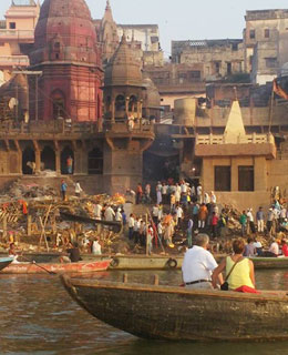 Guests from USA enjoying boat ride in river ganges Varanasi